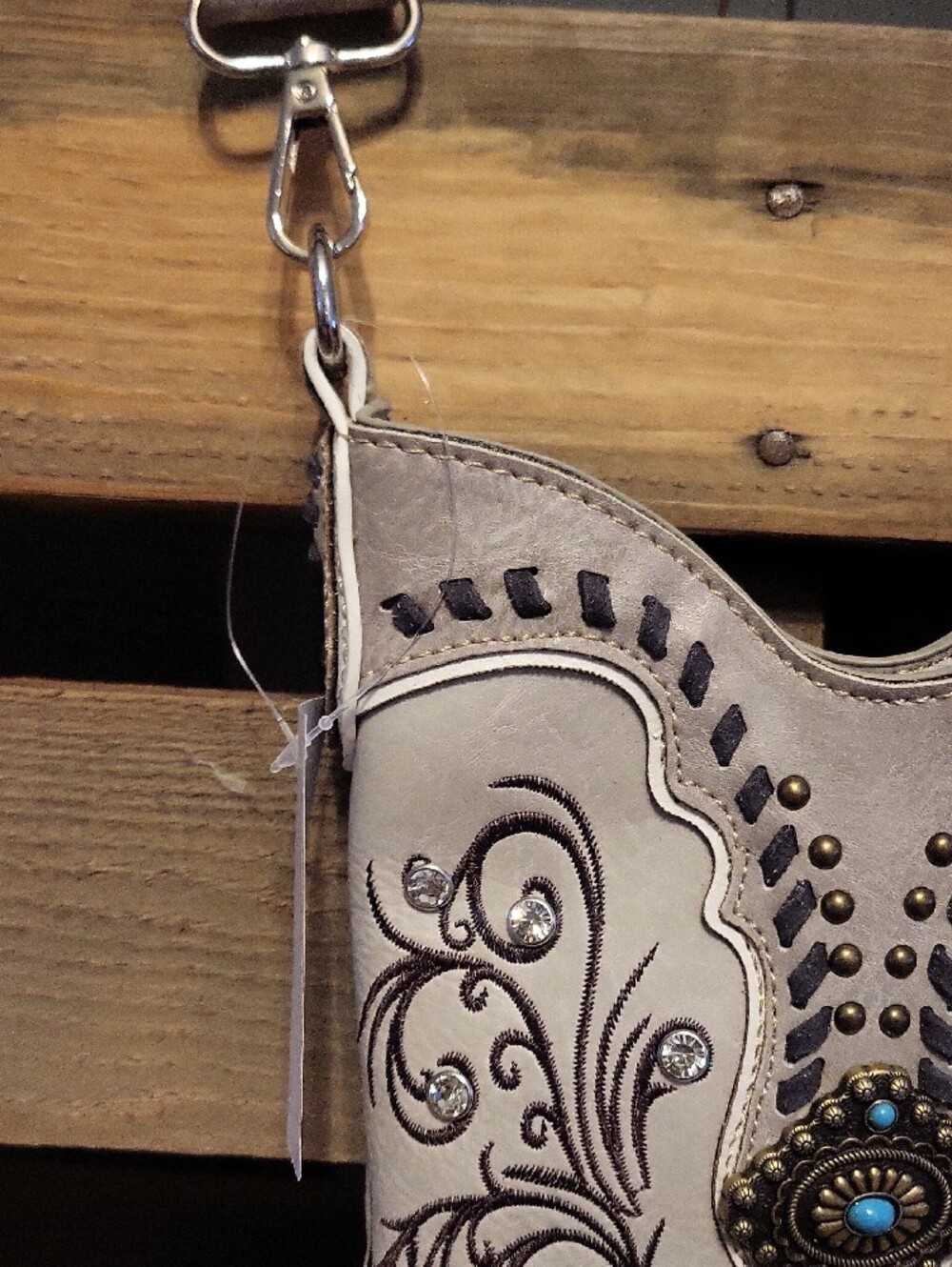 Embellished Taupe Fringe Crossbody Bag with Turquoise Concho NWT - Picture 6 of 15